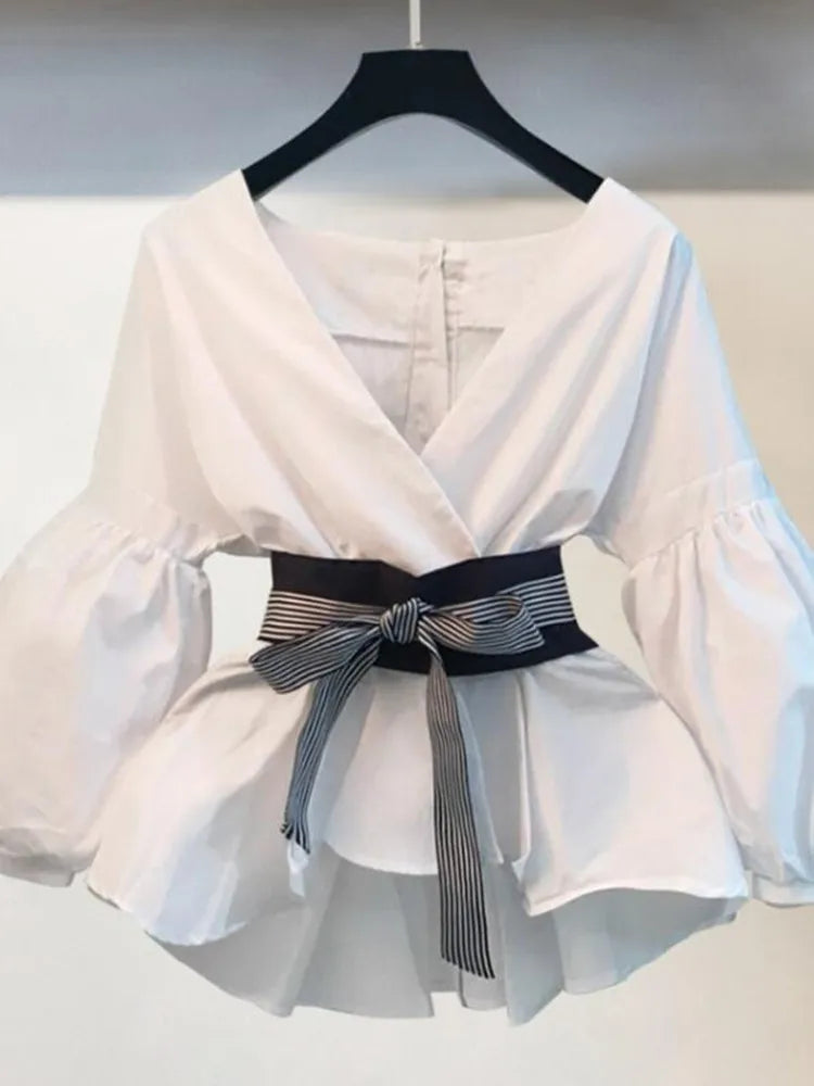 Lantern Sleeve Blouse Shirt Women 2023 Fashion Korean Style Summer Bow V-neck Striped Shirt Elegant Ladies Tops Female Clothing TOP