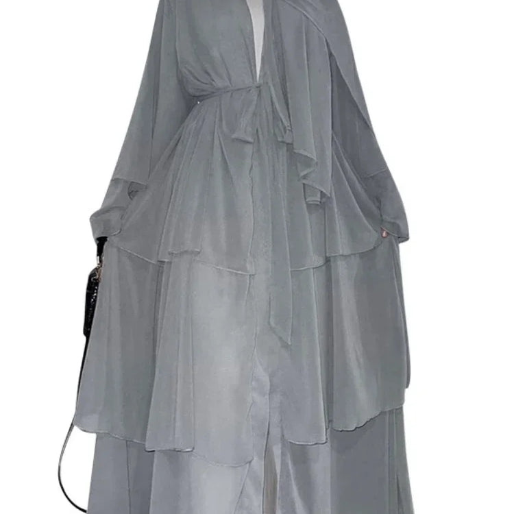New In Women Abaya NO SCRARF(Encrypted Chiffon)Elegant Muslim Stitching Three Layer Abaya Ruffle Sleeves Cardigan Marocain Dress light gray