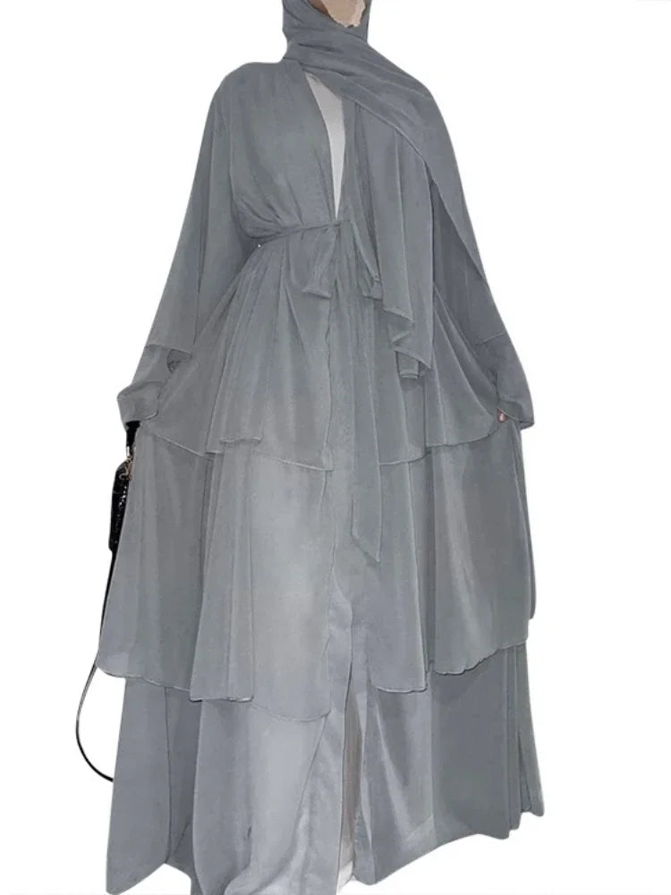 New In Women Abaya NO SCRARF(Encrypted Chiffon)Elegant Muslim Stitching Three Layer Abaya Ruffle Sleeves Cardigan Marocain Dress light gray