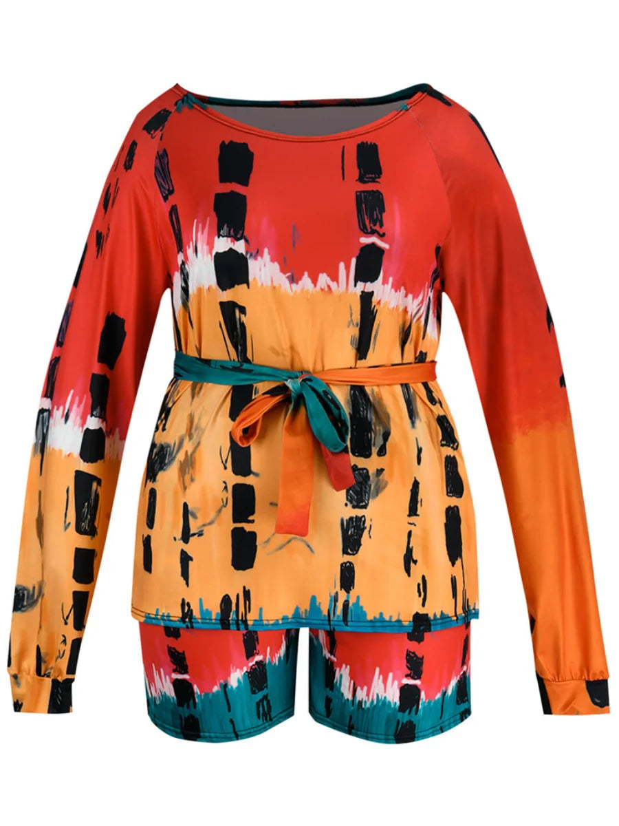 LW Plus Size shorts Two pieces sets casual long sleeve Tie Dye Bandage Top + Shorts Set 2024 NEW Spring summer Fashion 2pcs set