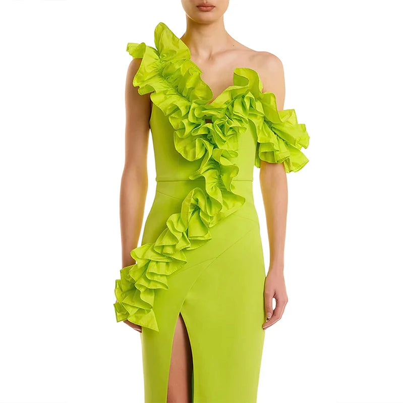 Red Black Women Sleeveless Off the Shoulder Ruffles Bodycon Bandage Mid-calf Dress Nightclub Party Celebrate Evening Dress