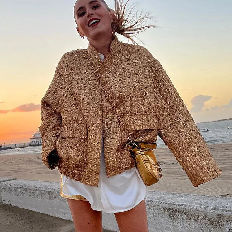TRAFZA Woman Button Long Sleeve Jacket With Pockets Autumn Chic Outwear Women Sequin Shinny Gold Coat Fashion Streetwear Elegant