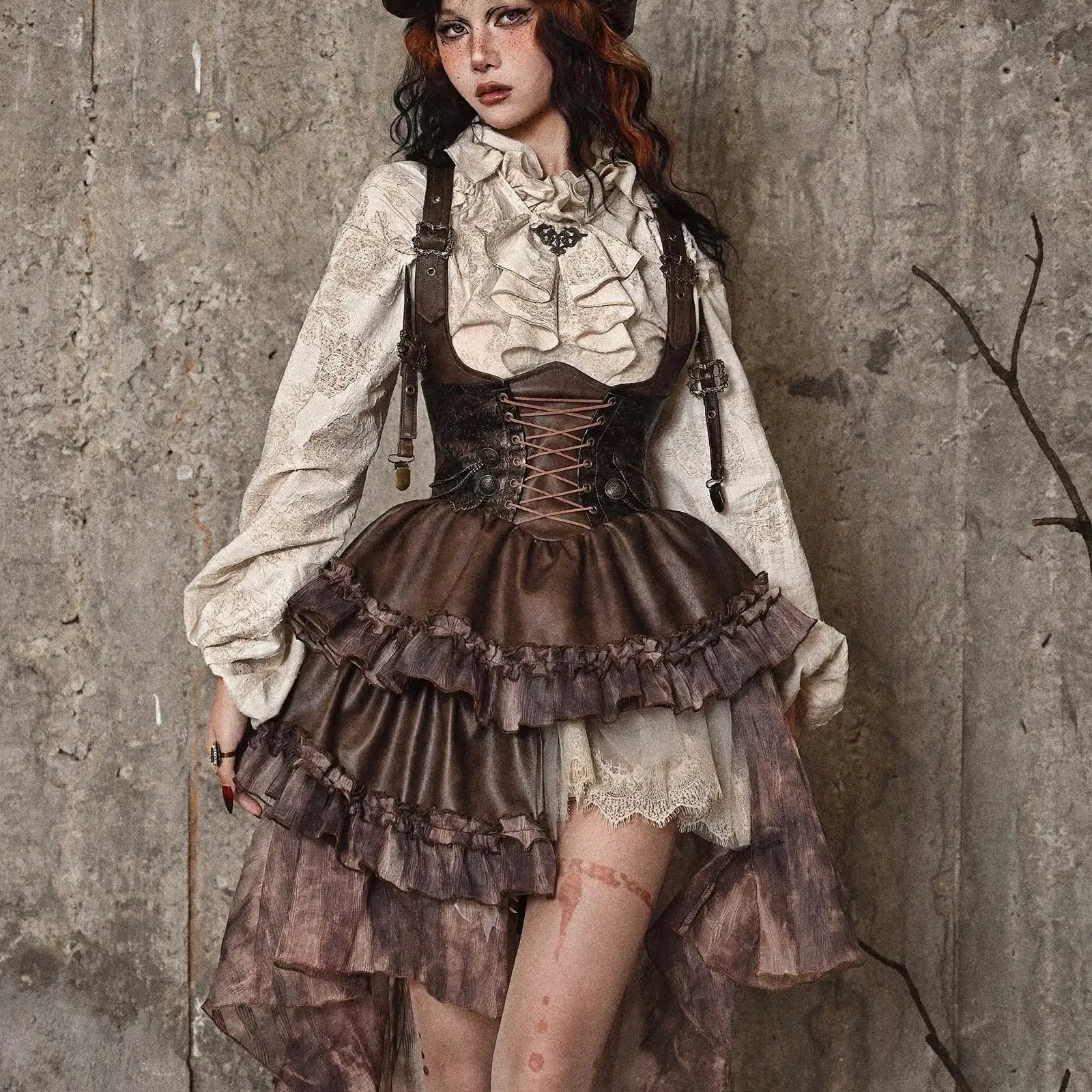 Original Punk Asymmetrical PU Chest Plate Strap Trailing Dresses Long Sleeve Shirt Dress Sets Autumn Gothic Girls Outfits