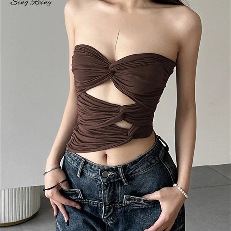 SINGREINY Sensual Strapless Solid Skinny Tank Tops Fashion Cross Short Slim Camisole Female Streetwear Irregular Sexy Tank Tops
