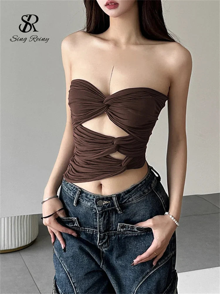 SINGREINY Sensual Strapless Solid Skinny Tank Tops Fashion Cross Short Slim Camisole Female Streetwear Irregular Sexy Tank Tops