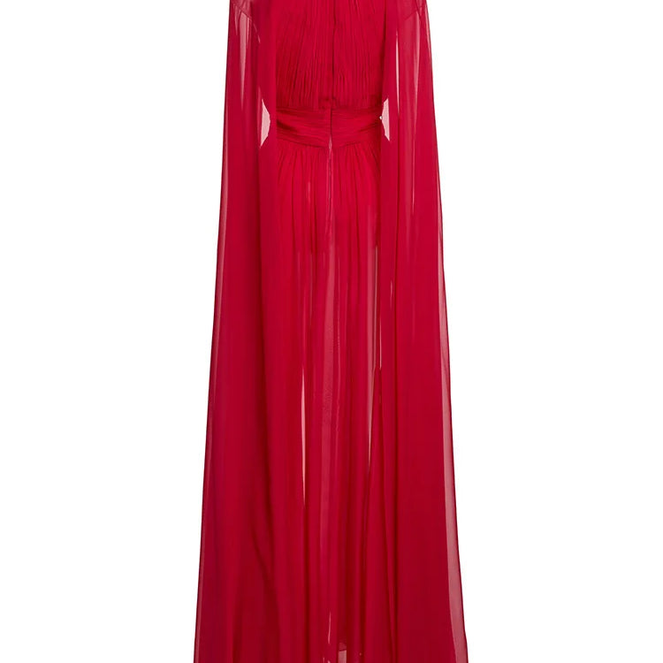 2025 New Arrival Red Color Women Fashion Cloak Sleeve Slim Floor-length Dress Elegant Eveening Party Celebrate Prom Outfit