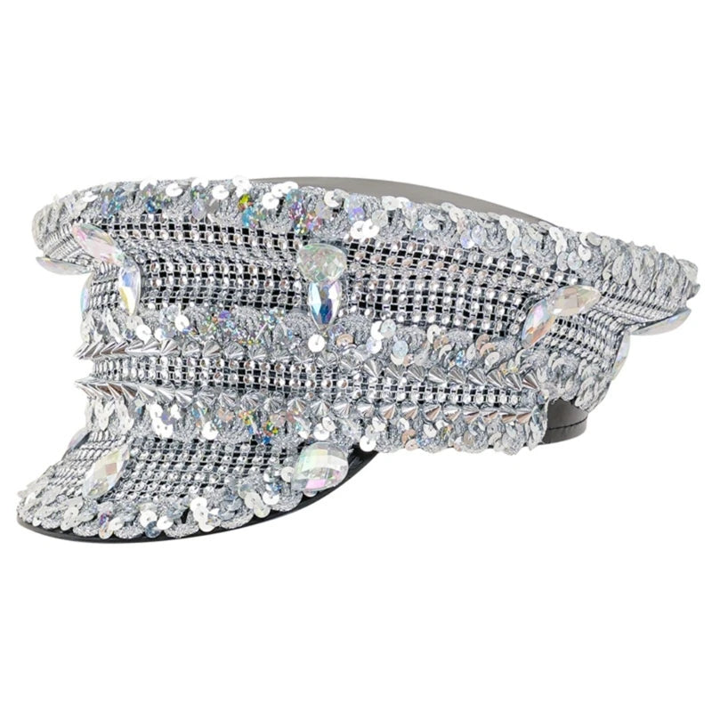 Rhinestones Bridal Hat for Wedding Glittering Fedora Sequin Hat Novelty-Party Hat Holiday Captain Hat for Bridal Shower 54 60cm