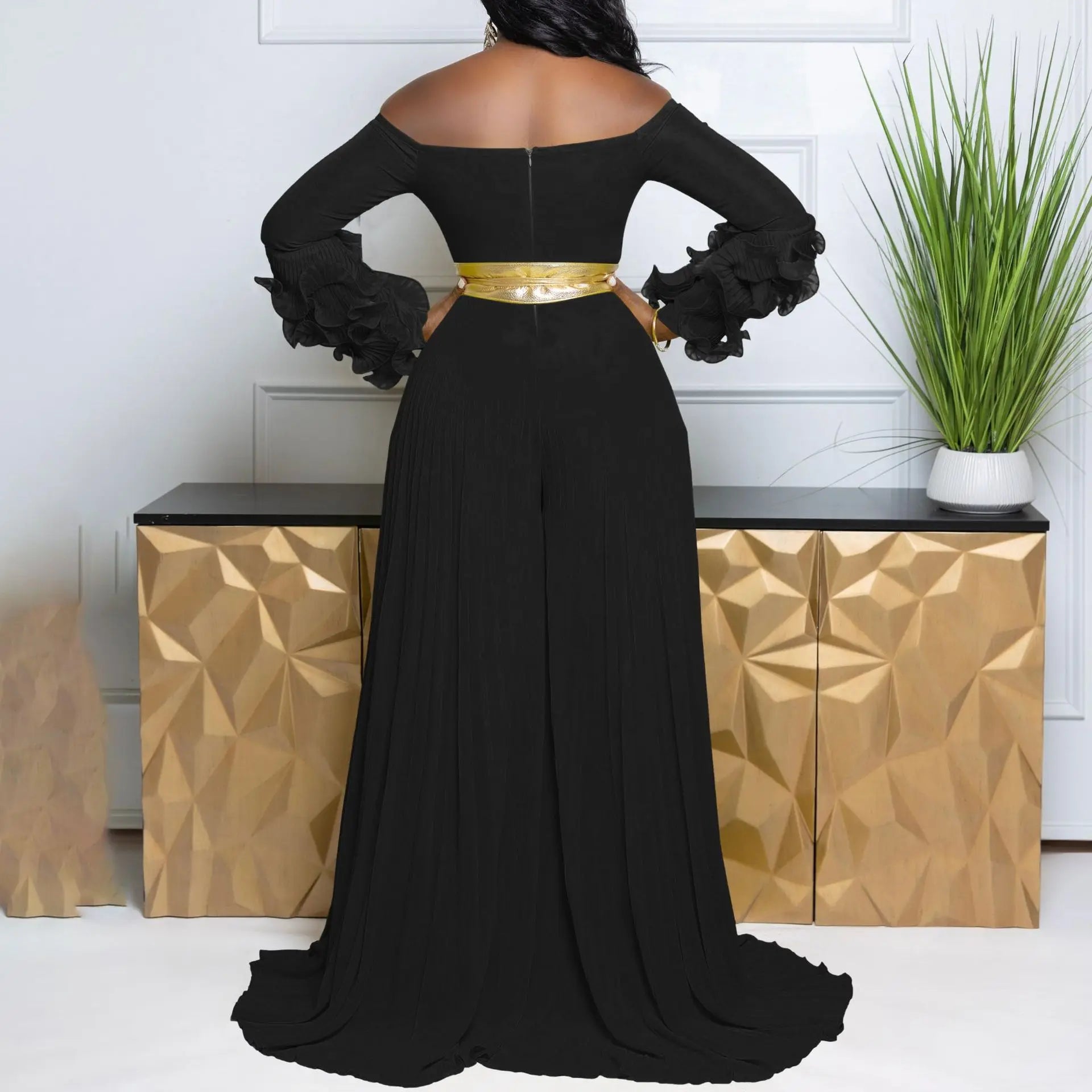 CM.YAYA Women Long Ruffles Sleeve Pleated Slash Neck Wide Leg Long Jumpsuits Party Beach belt Street Sexy Africa Outfit Rompers