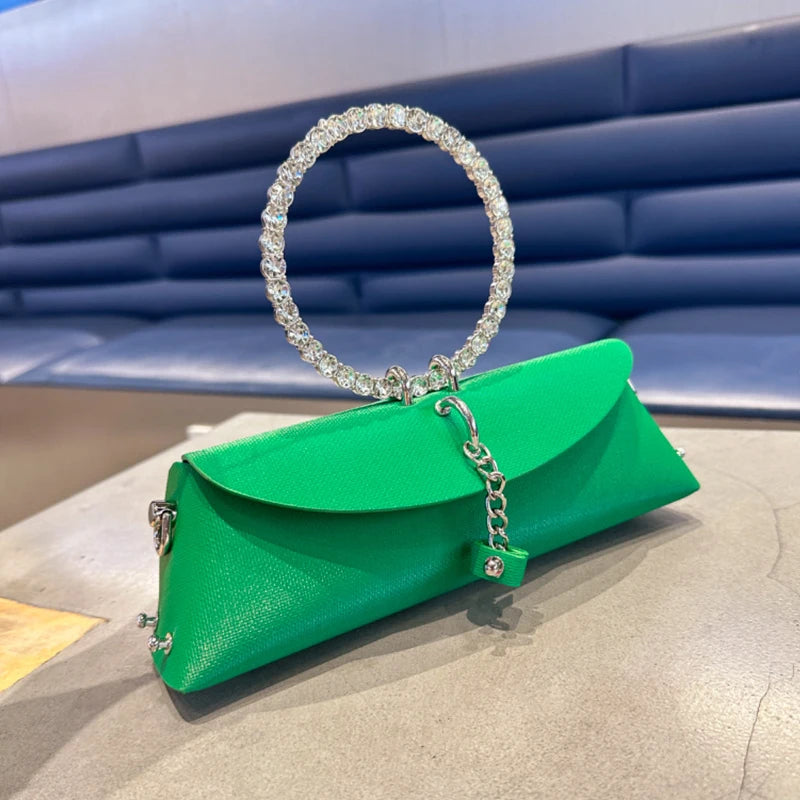 Clutch Bag Luxury Designer Handbag for Women with Chain Metal Ring Handle PU Leather Rhinestones Purses Shoulder Bag green