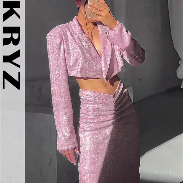 Ladies New Bling Glitter Slim Dress Set 2 Pieces Long Sleeve Pad Crop Top And Maxi Skirt Evening Party Night Club Women Outfits