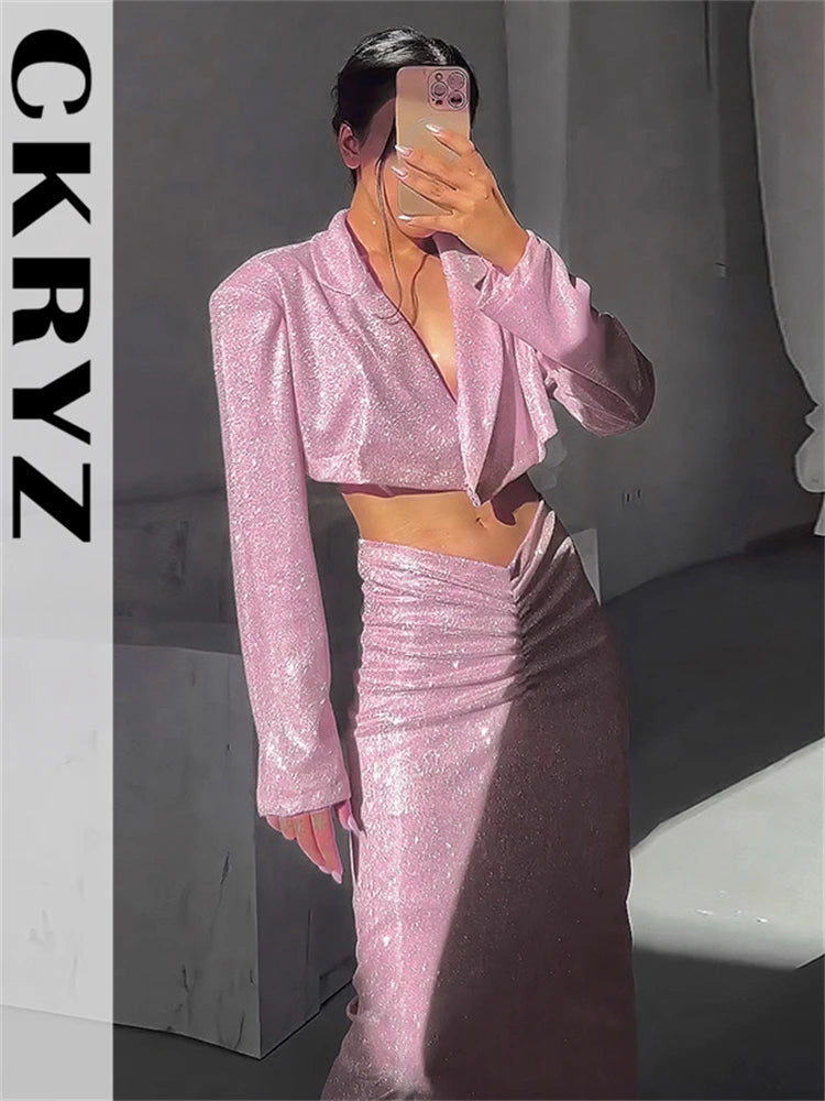 Ladies New Bling Glitter Slim Dress Set 2 Pieces Long Sleeve Pad Crop Top And Maxi Skirt Evening Party Night Club Women Outfits