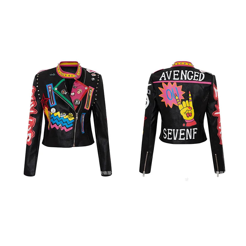 Spring Skull Pattern Graffiti Short Leather Jackets For Punk Women Rivet Slim Streetwear Motorcycle Jackets Coat 8