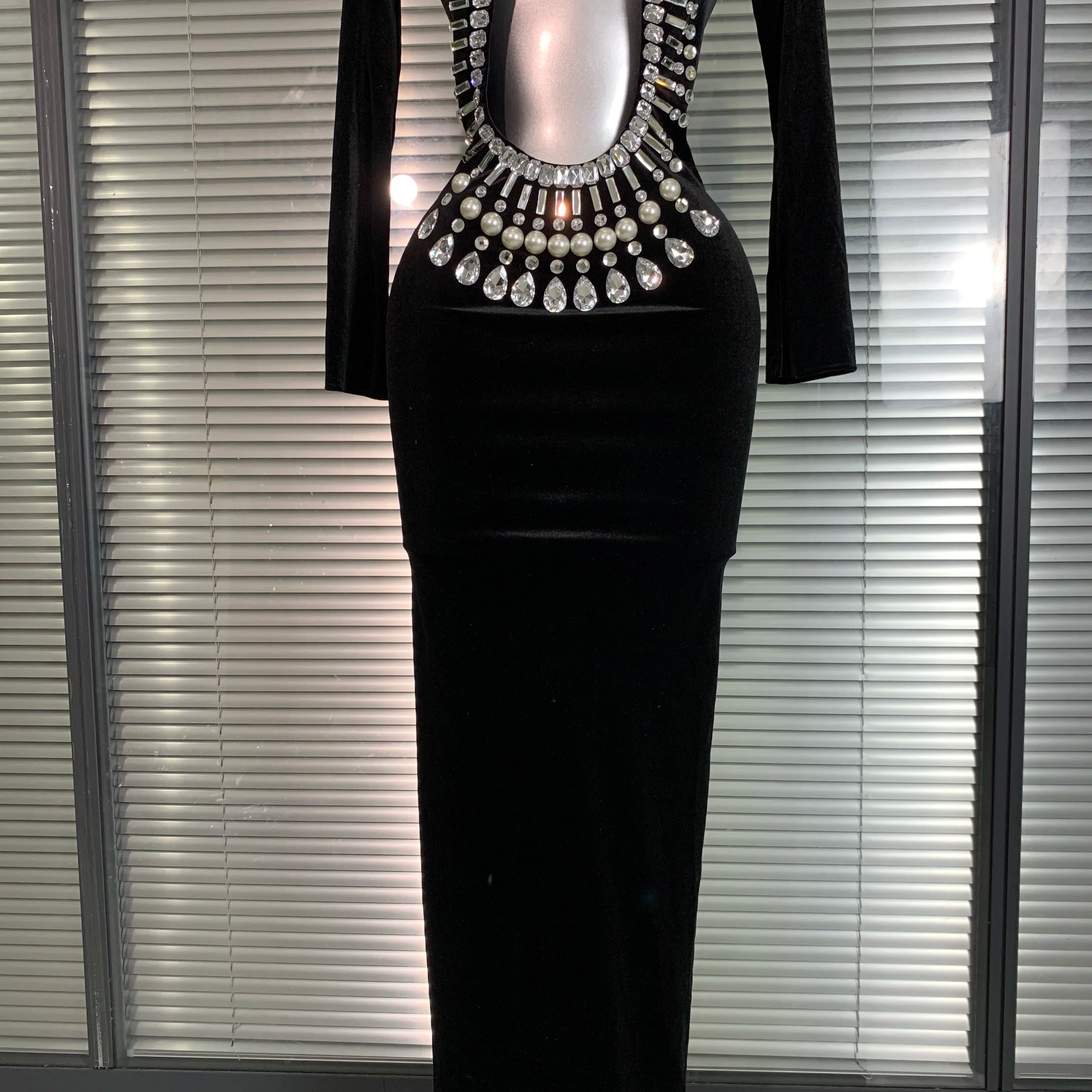 INS New Women Sexy Velvet Stretched Crystal Diamonds Rhinestones Maxi Dress Night Club Party Singer Stage Costume