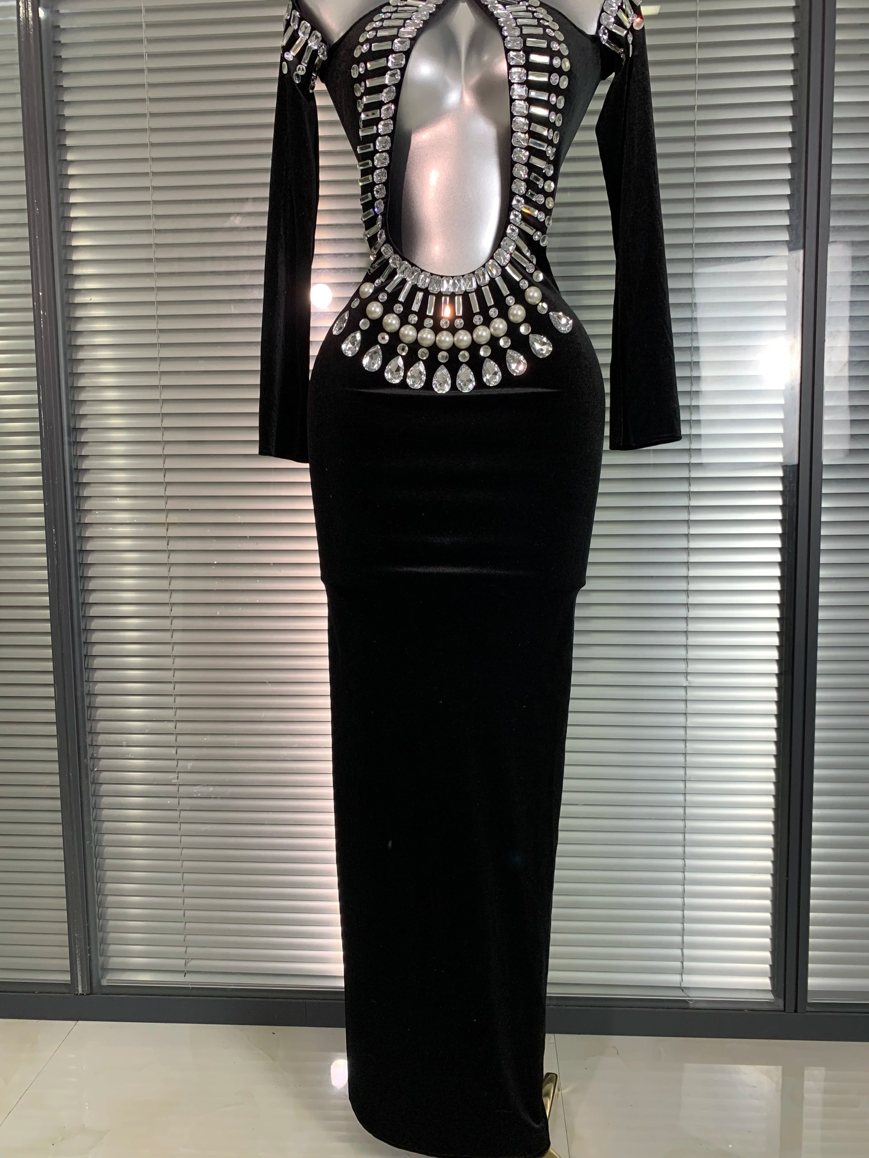 INS New Women Sexy Velvet Stretched Crystal Diamonds Rhinestones Maxi Dress Night Club Party Singer Stage Costume