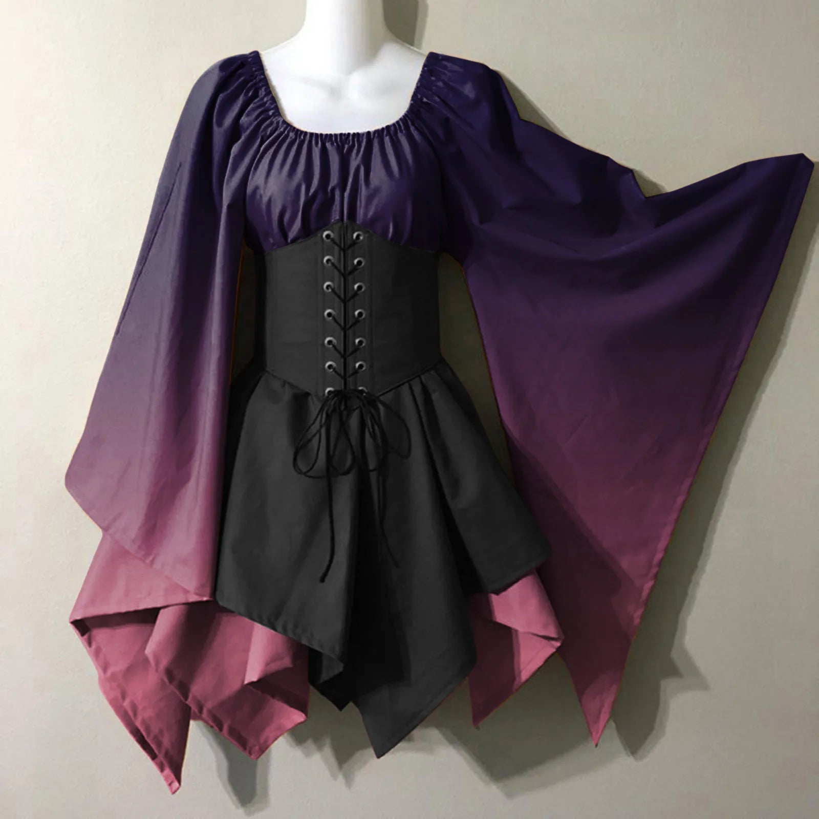Medieval Costume For Womens Trumpet Sleeve Irish Shirt Dress With Corset Traditional Dress Halloween Women Mature Womens Dresses Purple