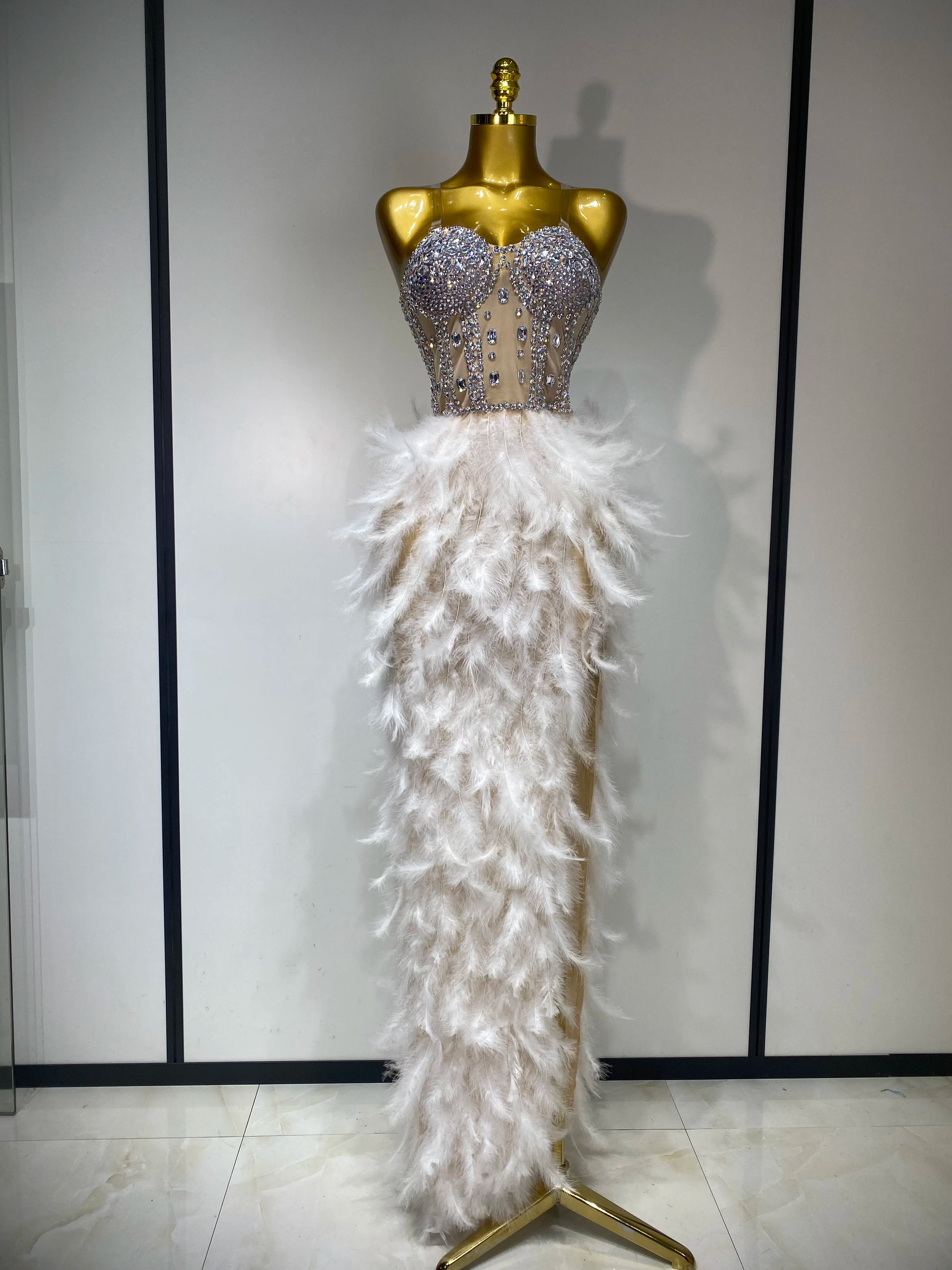 Luxury Birthday Evening Party Long Dress Women Sexy High Slit Backless Gowns Diamonds Feather Patchwork Stage Perform Costume