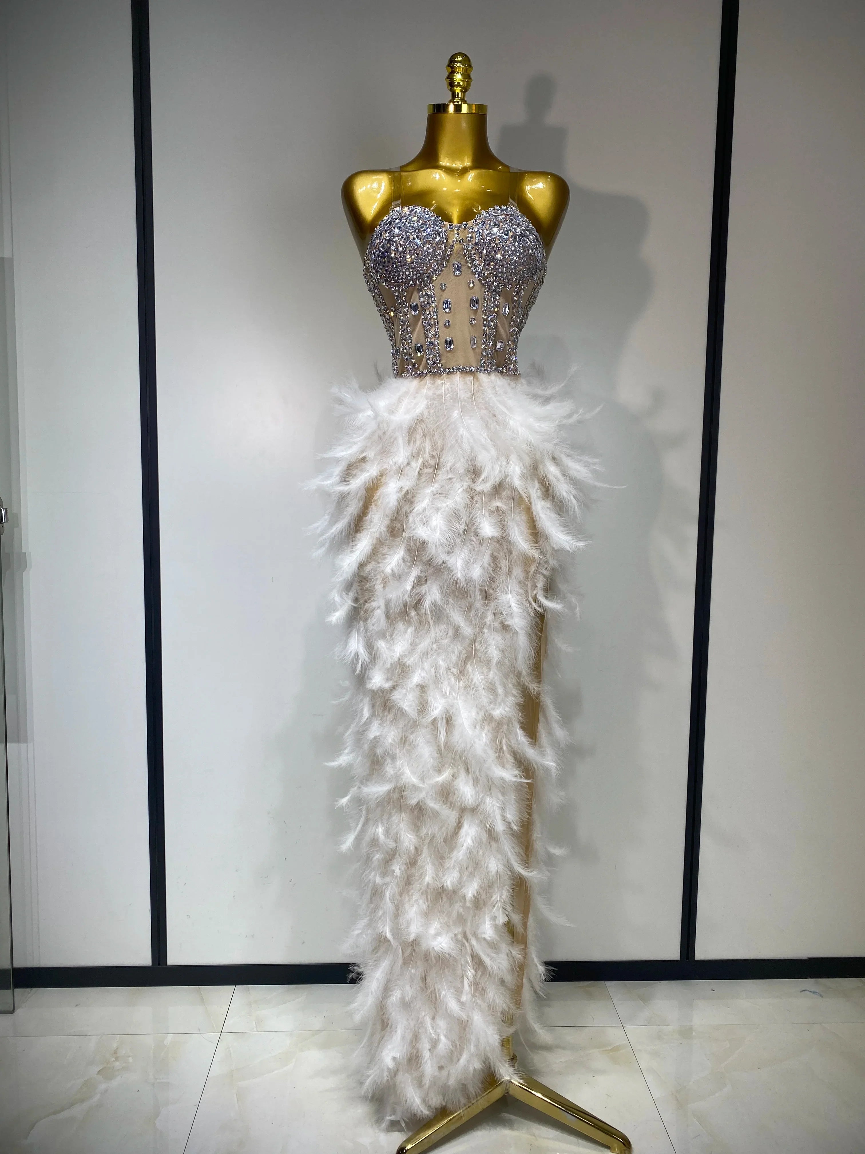 Sparkly Rhinestone Feather Mesh Long Dress Women Sexy Elegant Evening Party Luxury Birthday Photo Shoot Performance Costume