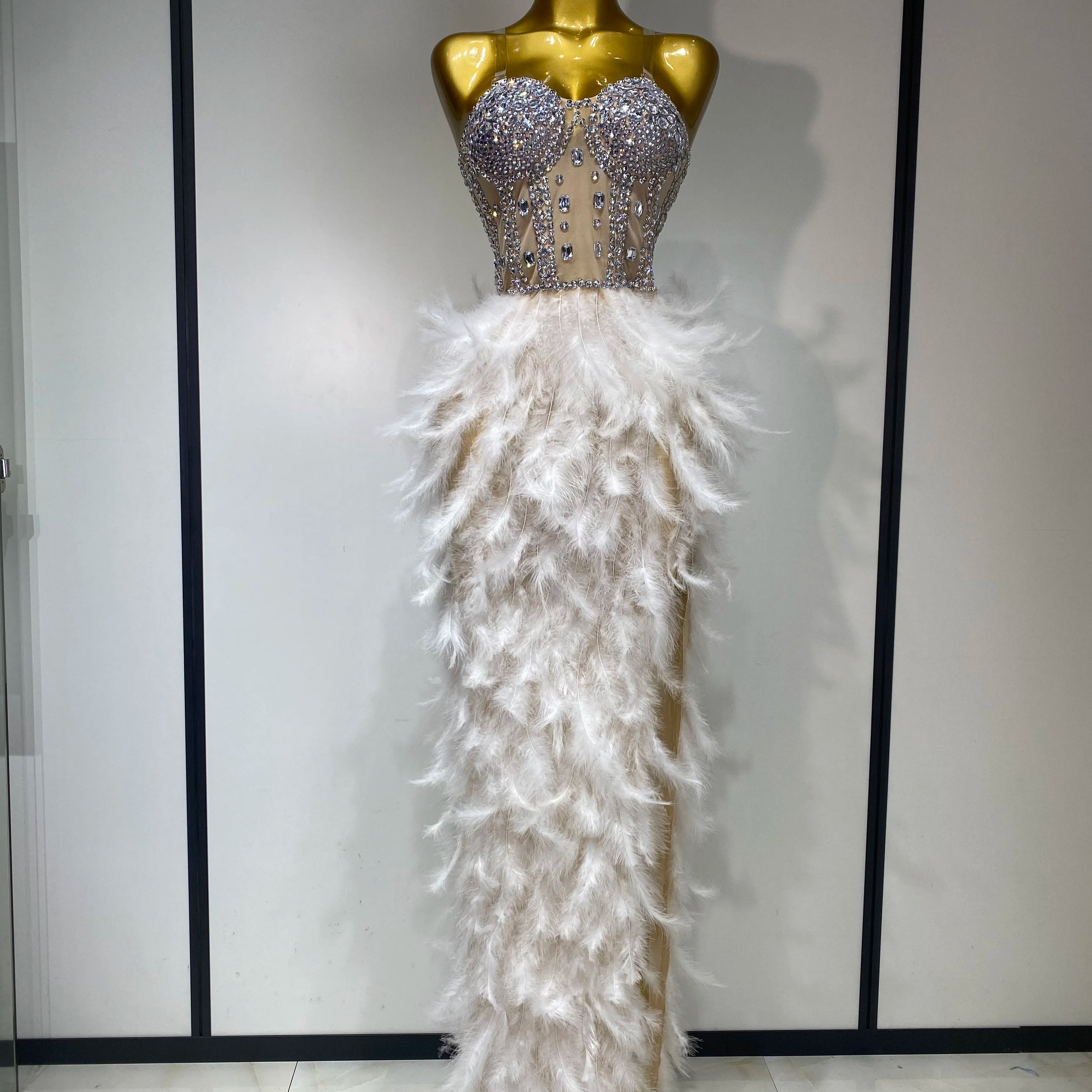 Women Sexy Sparkly Rhinestone Feather Mesh Long Dress Elegant Evening Party Celebrate Luxury Birthday Singer Stage Costume