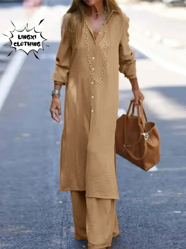 Summer Fashion Plus Size Women's New Matching Collection Elegant Loose Robe Wide Leg Pants Temperament Two Piece Set