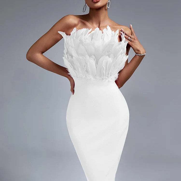 White Bandage Dress Women Feather Party Dress Bodycon Elegant Midi Sexy Strapless Evening Birthday Club Outfits Summer 2023