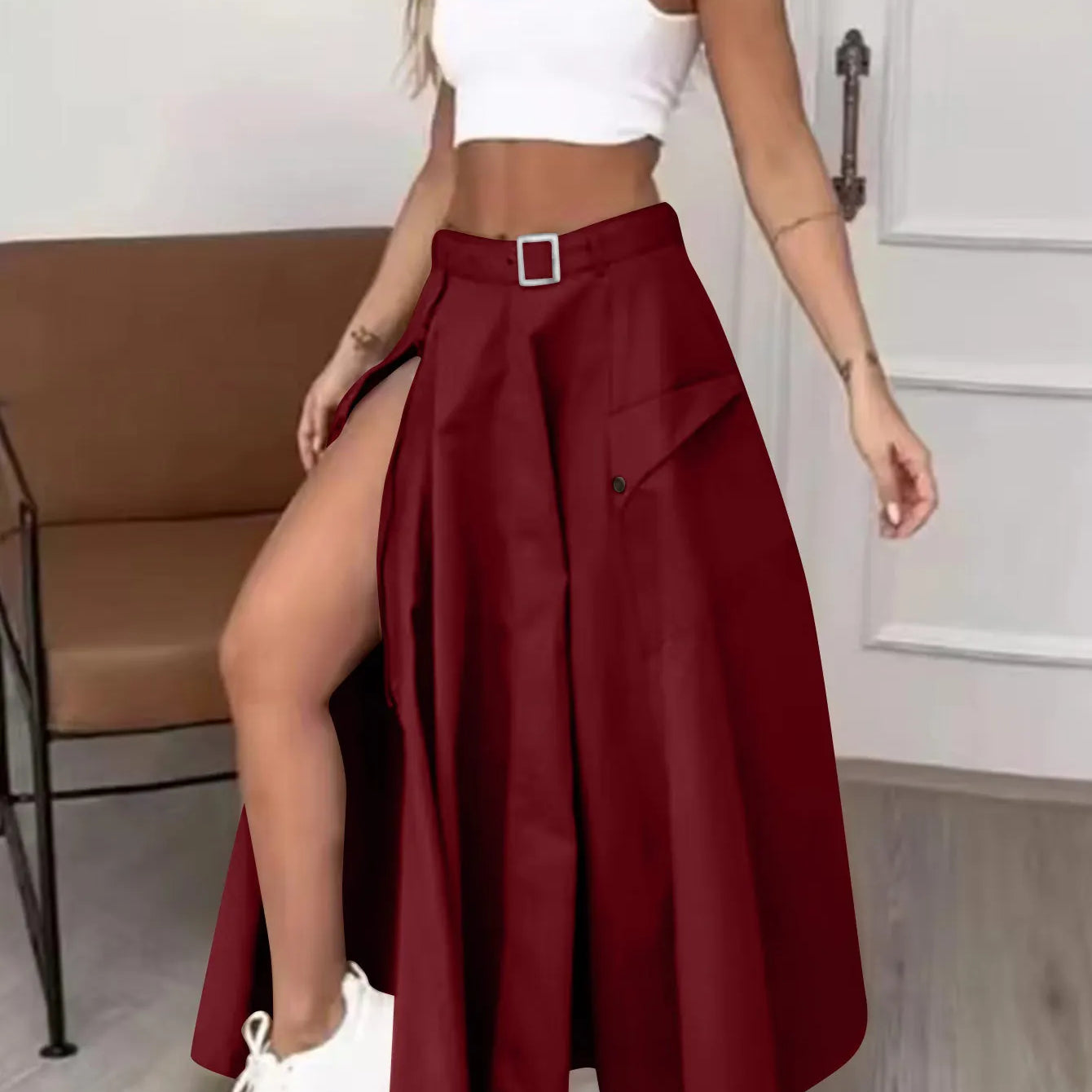 CM.YAYA Women Fashion Pocket Front Zipper Slit Slim High Waist Maxi Skirt Streetwear Casual Safari Solid Long Skirts Burgundy