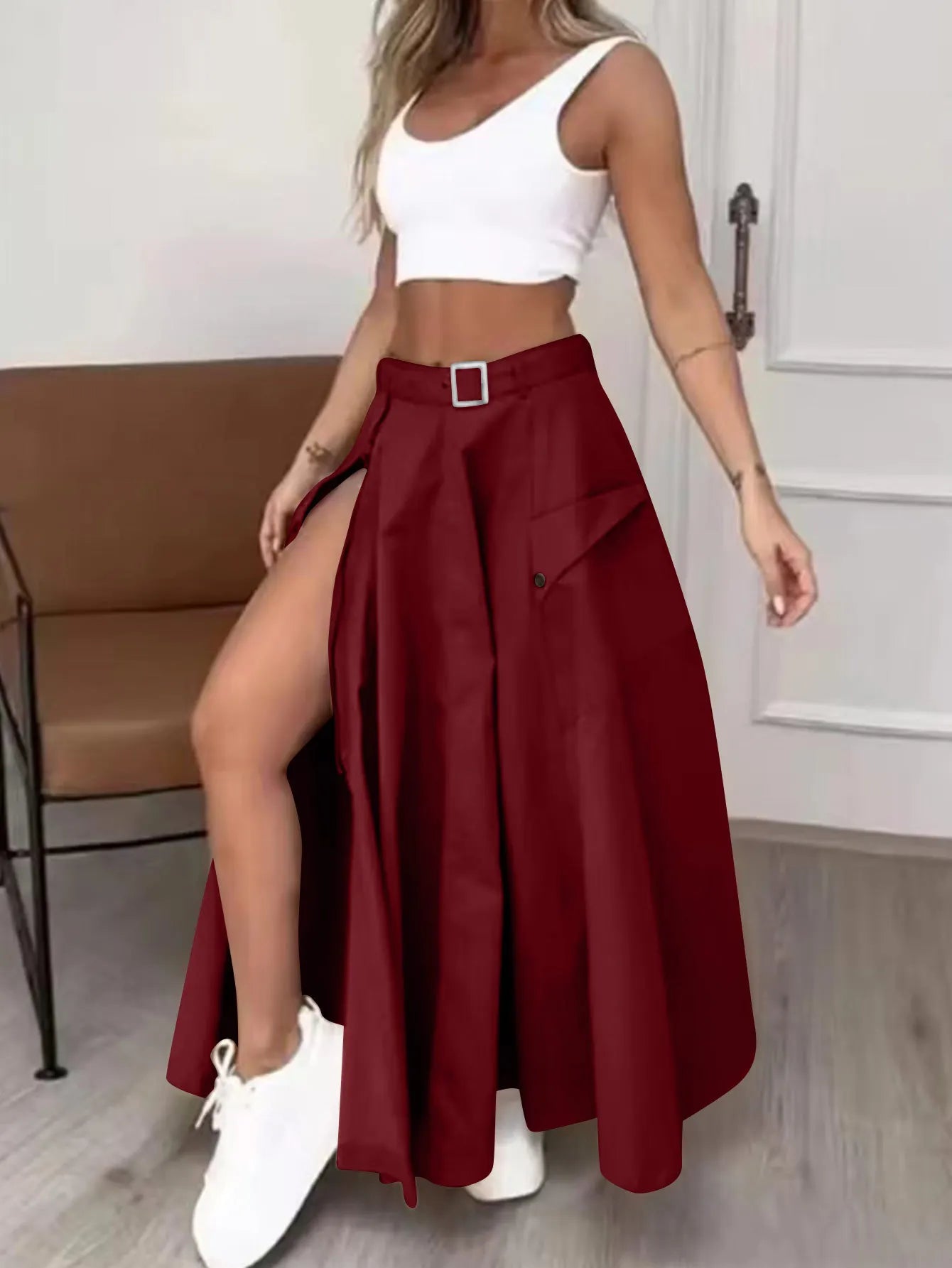 CM.YAYA Women Fashion Pocket Front Zipper Slit Slim High Waist Maxi Skirt Streetwear Casual Safari Solid Long Skirts Burgundy