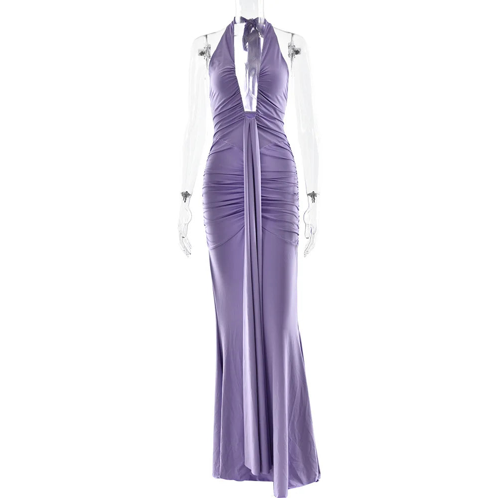 CM.YAYA Women Halter V-neck Stacked Ruched Backless Bodycon Midi Maxi Long Dress 2025 Vacation Birthday Sexy Party Club Dresses