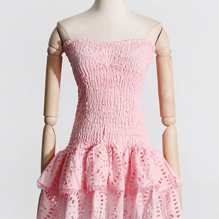 Women Print Strapless Mini Dress Sexy Slim Backless Sleeveless Ruffles High Waist Vestidos Summer Ladies Party Club Dress 2024 Pink