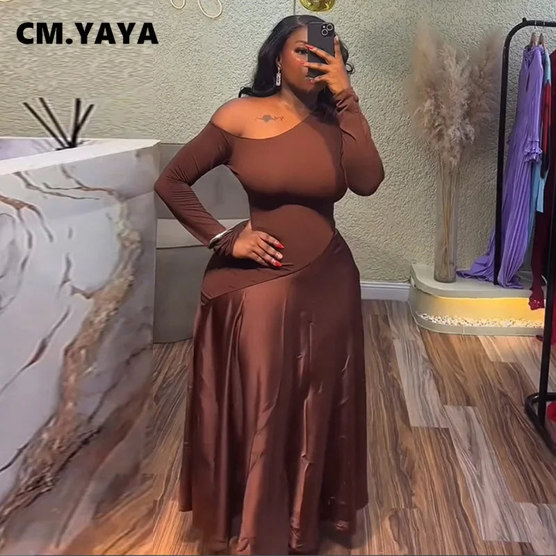 CM.YAYA Women One Shoulder Full Sleeve Maxi Long Dress 2025 Summer Patchwork Vintage Birthday Sexy Club Party Evening Dresses
