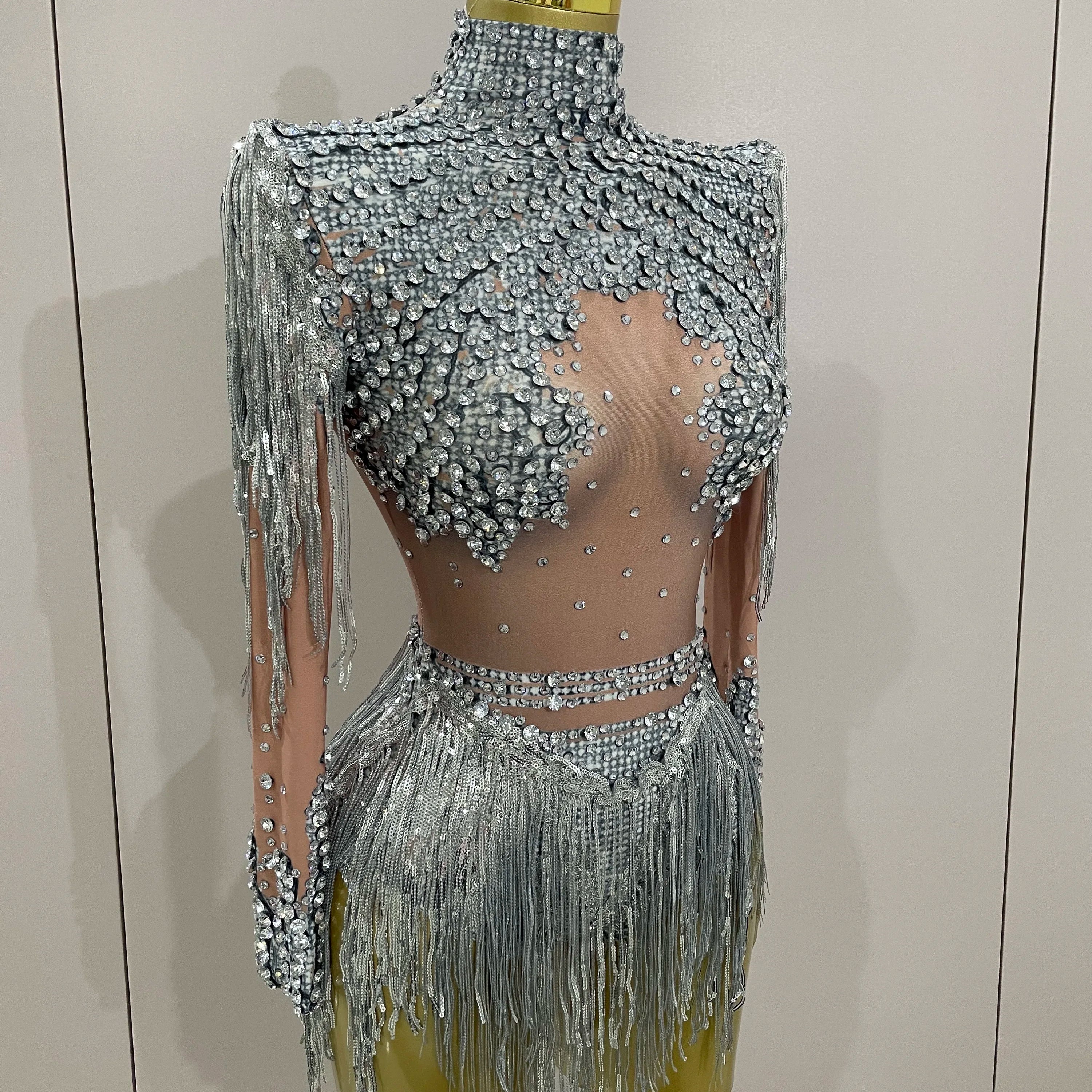 Women Sparkly Rhinestone Sequin Tassel Stretch Bodysuits 2025 New Arrival Birthday Party Nightclub Dj Stage Performance Costume