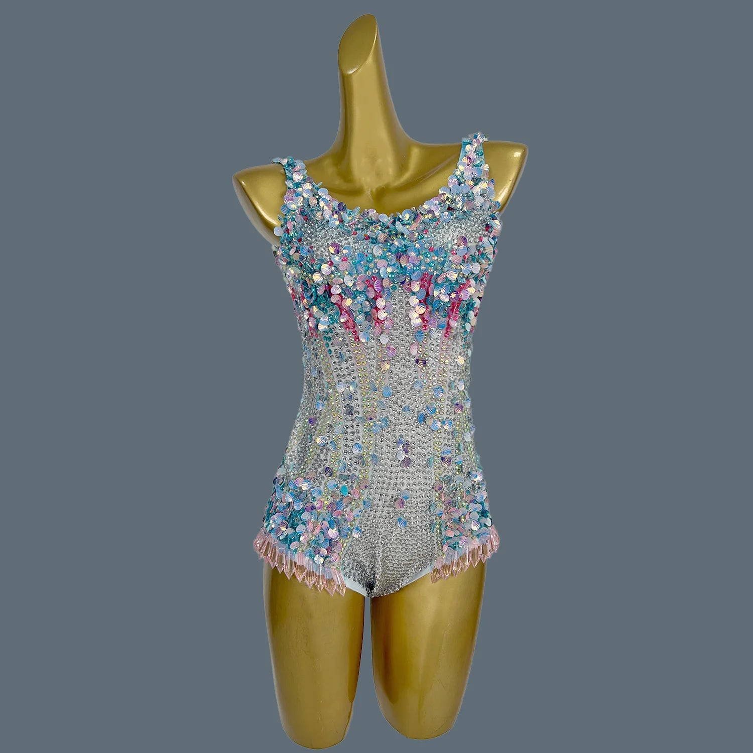 New Sparkly Rhinestones Tight Bodysuit for Women Sexy Performance Outfit Dancer Costume Nightclub Bar DJ Show Stage Wear Meimei Blue