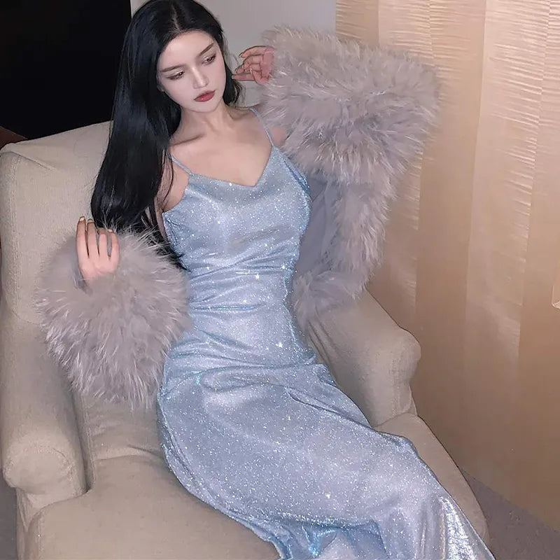 Lucyever Elegant V-Neck Sparkly Dress Women Korean Fashion Spaghetti Strap Evening Dress Ladies Sexy Sequin Off Shoulder Dress Blue CHINA