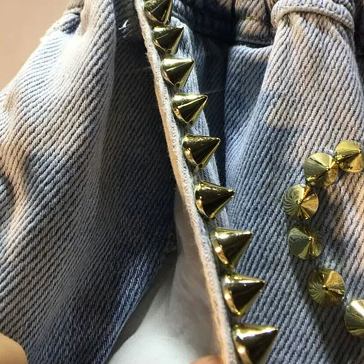 DEAT Women's Denim Shorts Rivet Big Diamonds Drawstring Elastic Waist Loose Wide Leg Short Jeans Summer New Fashion 29L1056