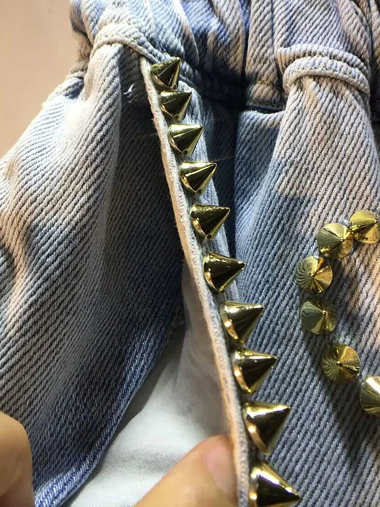 DEAT Women's Denim Shorts Rivet Big Diamonds Drawstring Elastic Waist Loose Wide Leg Short Jeans Summer New Fashion 29L1056