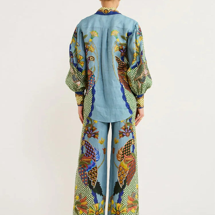 New In Birds Flower Printed Two Piece Set Women Lantern Sleeve Lapel Shirts High Waist Flare Pants Suit For Women Outfits