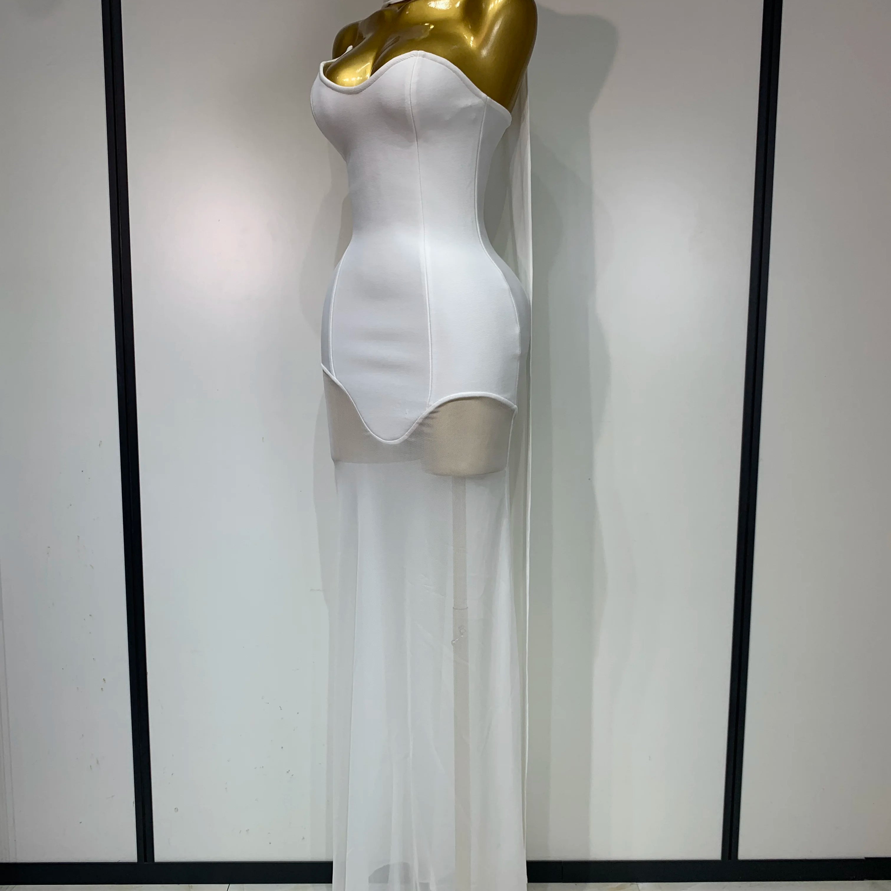 Women Sexy Strapless Mesh Patchwork Bandage Long Dress With Scarf 2025 Elegant Backless Maxi Dresses Celebrity Club Party Outfit