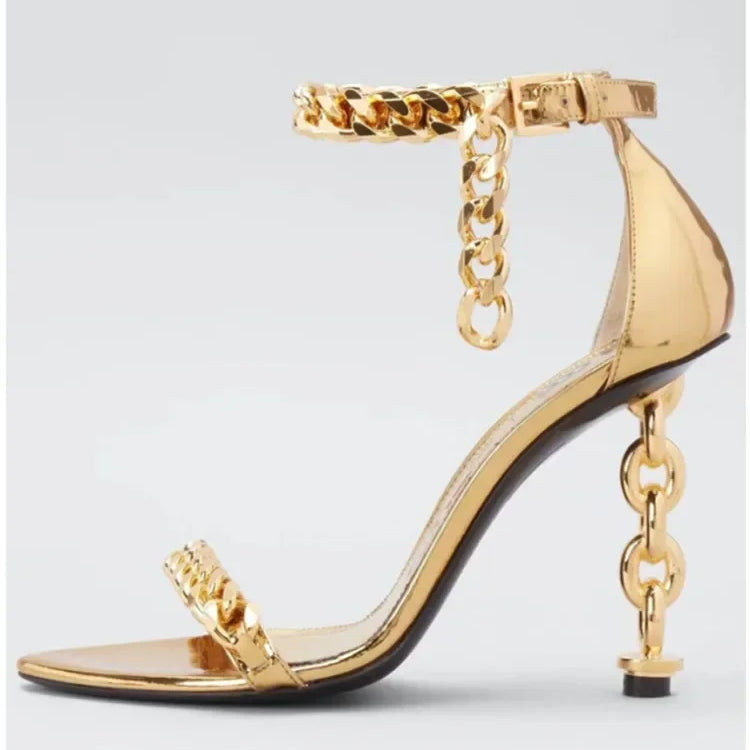 European and American Summer New Metal Chain High Heel Sandals Fashion Show One Line Sexy Open Teeth Women's Sandals golden