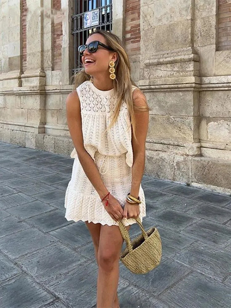 Women Knit Mesh Jacquard Skirts Sets Sweet Hollow Out O-neck Sleeveless Vest Top Summer A-Line Drawstring Mini Skirt Outfit