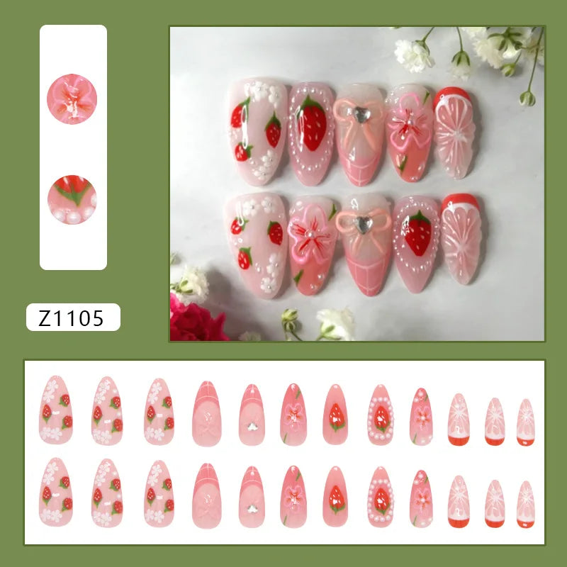 24pcs Flower Print Press on Nails Retro Color Blush Almond Fake Nail Tips Detachable Wearable Sweet Cool Spice Girl False Nails