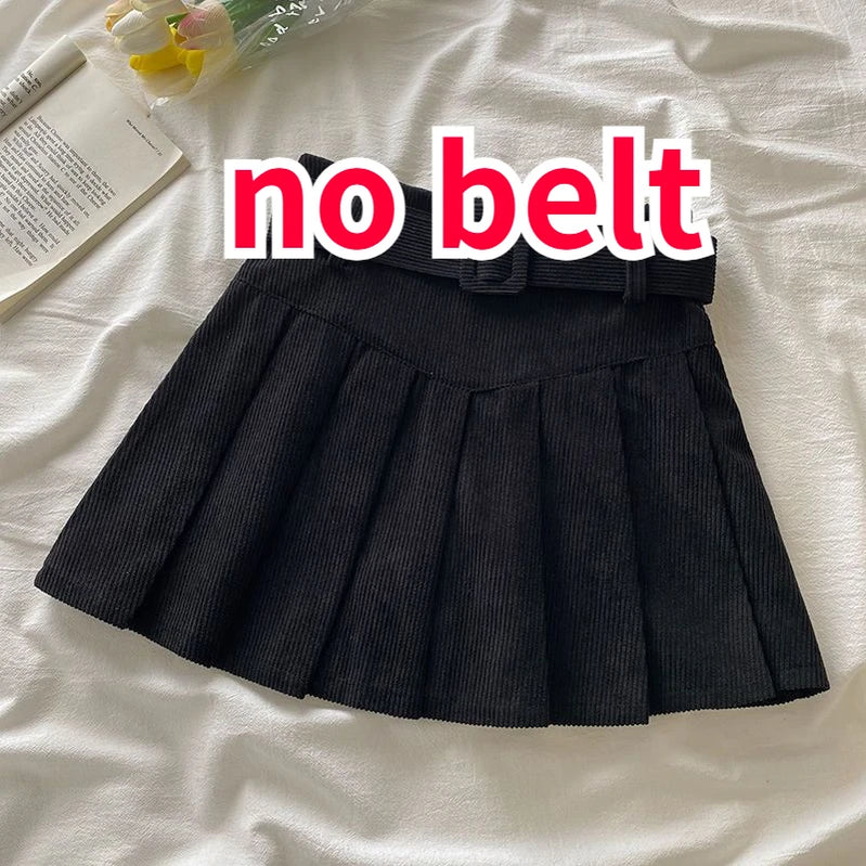 Pleated Mini Skirts Women Japan Students Corduroy Preppy Style Autumn Winter Basic Solid Bottoms Chic Vintage JK Slim All-match black no belt