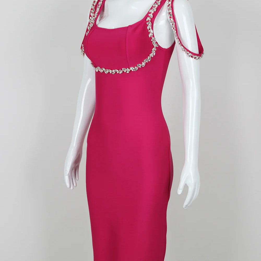 Factory Wholesale Women's Rose Red Spaghetti Strap Diamond Tight Sexy Celebrity Cocktail Party Bandage Dress