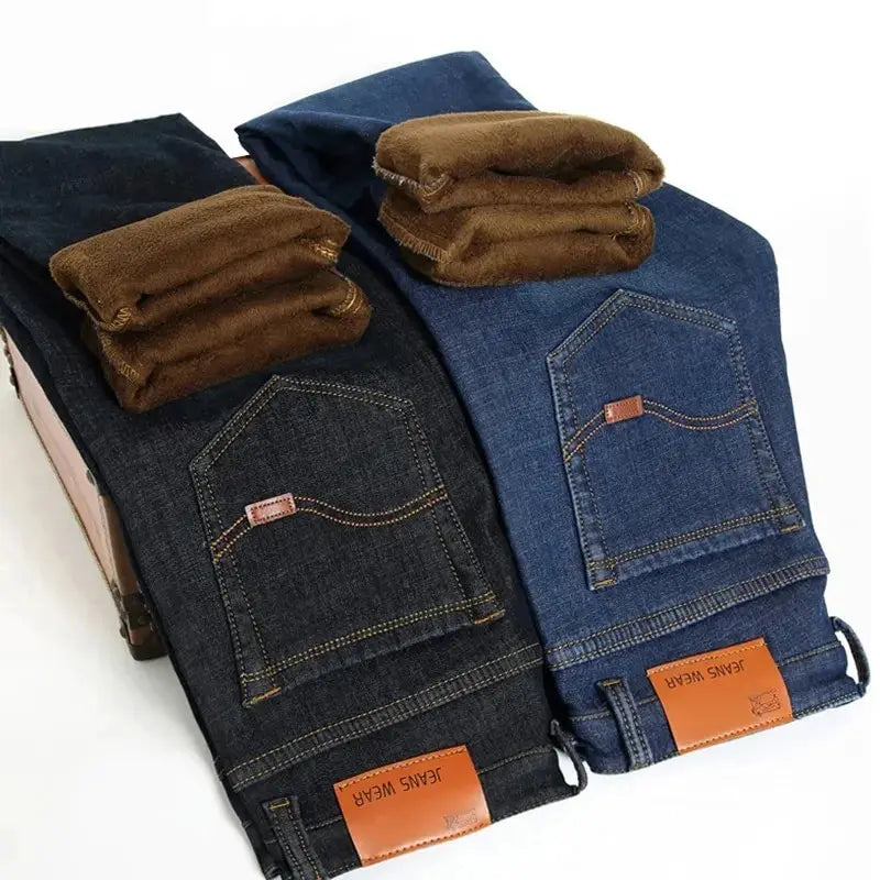Men Winter Fleece Warm Jeans Brand New Fashion Business Pants Retro Classic Denim Trousers Autumn Casual Stretch Slim Jeans Men