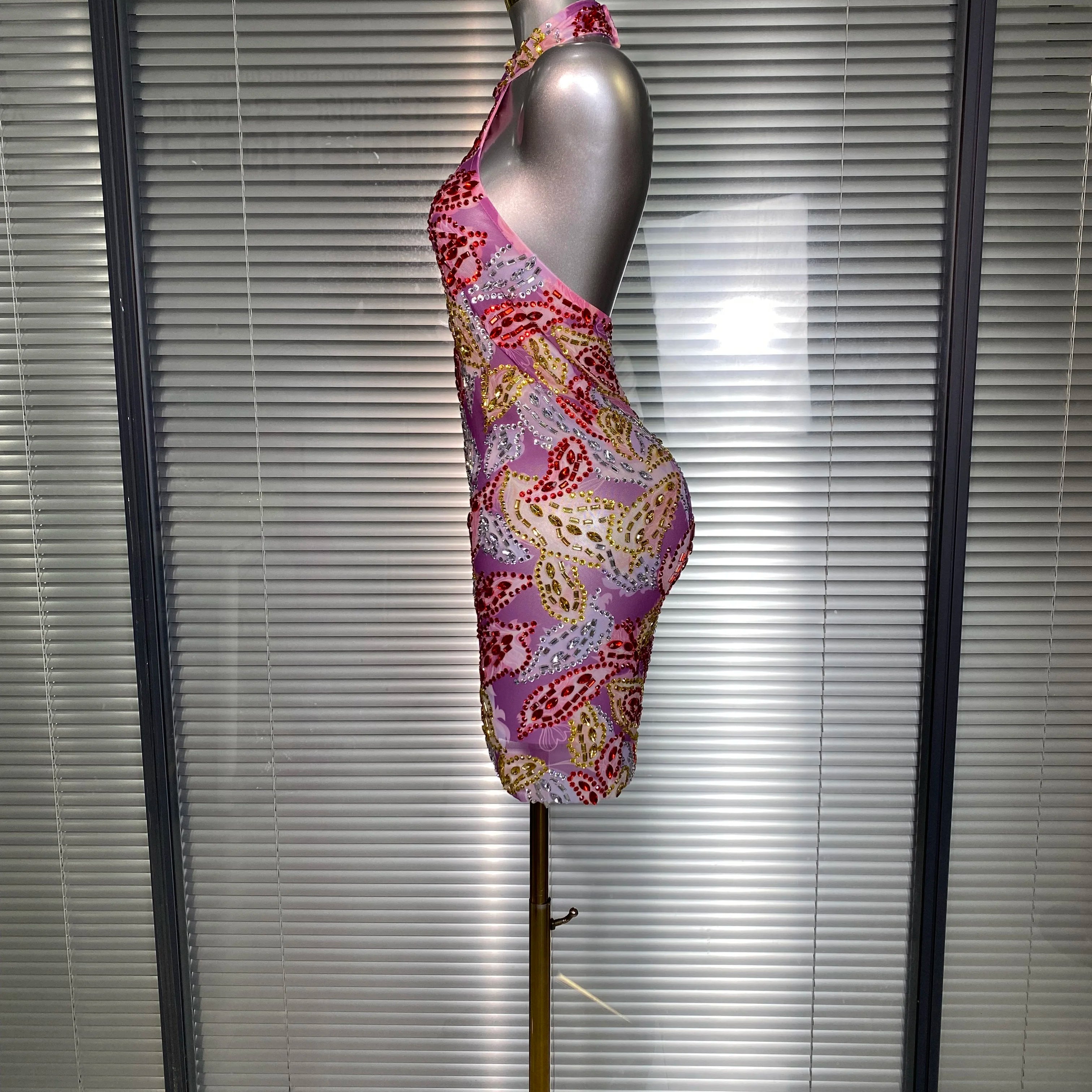 Celebrity New Women Sexy Printed Mesh Sheer Crystal Rhinestones Halter Stage Costume Stage Dancer Night Club Mini Party Dress