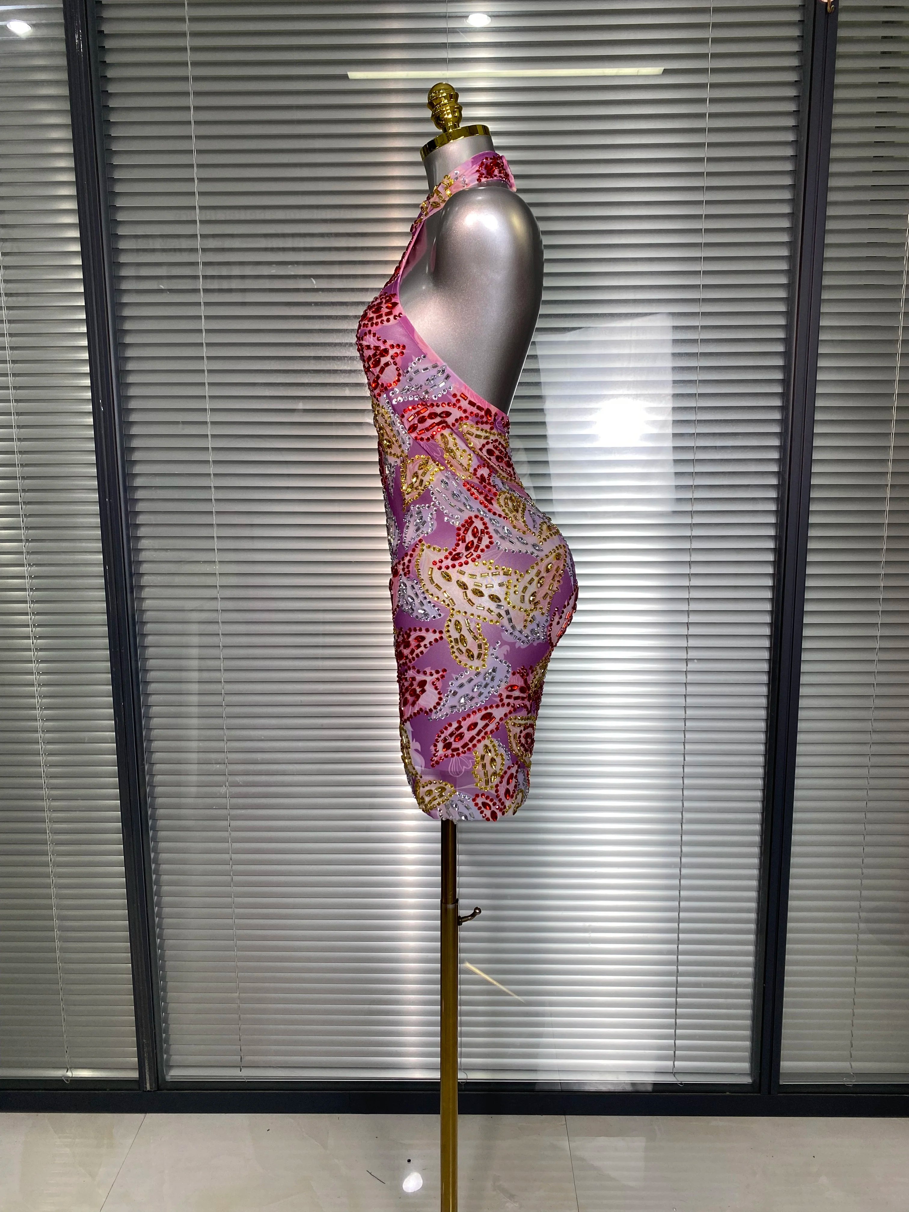 Celebrity New Women Sexy Printed Mesh Sheer Crystal Rhinestones Halter Stage Costume Stage Dancer Night Club Mini Party Dress