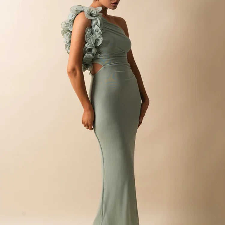 Shoulder Floral Mesh Ruched Sexy Maxi Dress For Women Gown Oblique Shoulder Sleeveless Backless Bodycon Long Dress