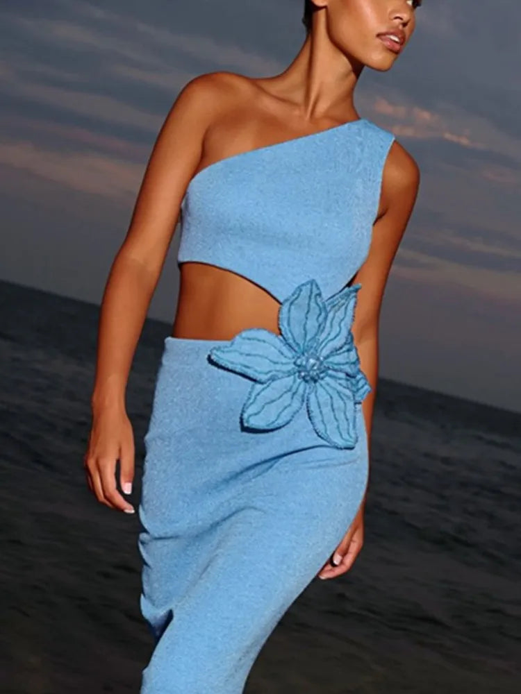Bandage Dress Women Celebrity Sexy One Shoulder Cut Out Sky Blue Flower Midi Bodycon Elegant Evening Club Party Dress