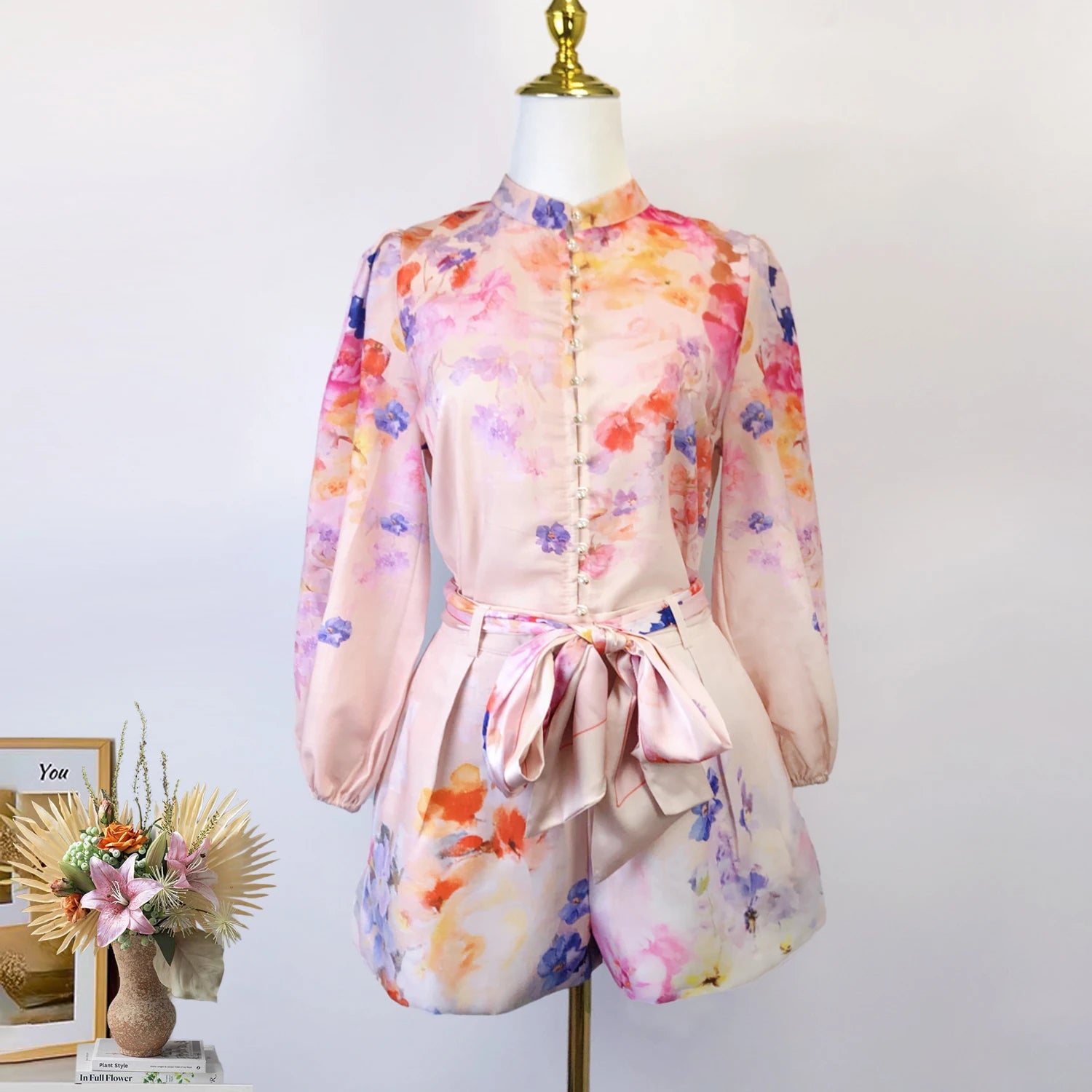 Shot Spot 2025 Spring and Summer Stand Collar Long Sleeve Shirt Top Wide Leg Skirt Pocket with Silk Scarf Belt Two-Piece Se