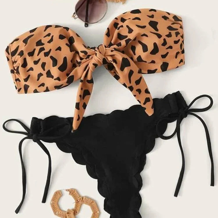 Sexy Scalloped Marble Print Bikini Women Bandeau Swimwear Female Swimsuit Two-pieces Bikini set Knotted Bather Bathing Suit Swim B582Black