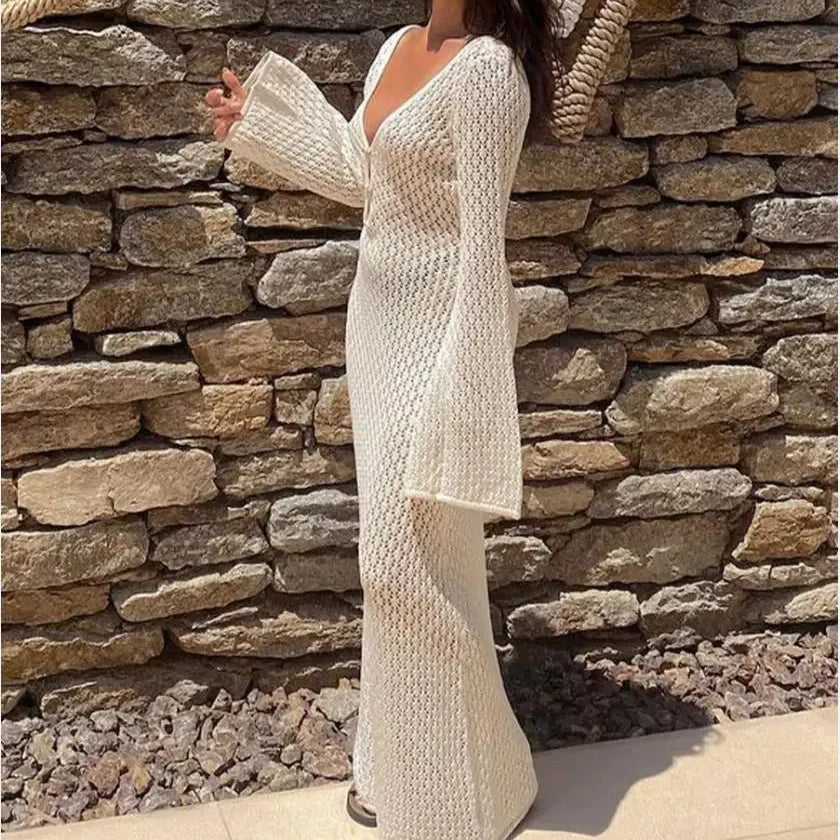 Sexy Women Long Knit Beach Dress Hollow-Out Deep V-Neck Long Sleeve Bikini Cover-Ups Dress Fall Backless Holiday Dress