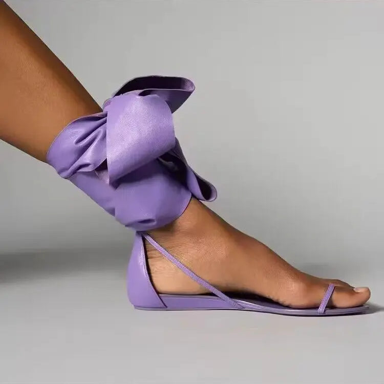 Hot Pink Blue Soft Leather Clip Toe Cover Heel Flat Summer Sandals Woman Ankle Wrap Lace Up Butterfly Knot Flats Beach Shoes